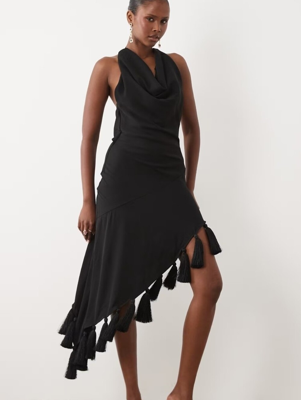 ASOS DESIGN Black Halter Neck Asymmetric Midi Dress Tassel Hem Size 4 NWT